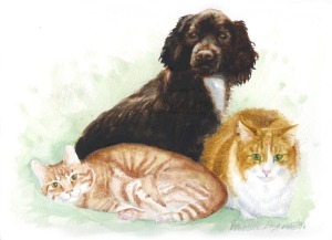watercolor of a dog and two cats